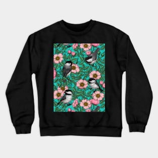 Chickadees in the wild rose, pink and blue Crewneck Sweatshirt